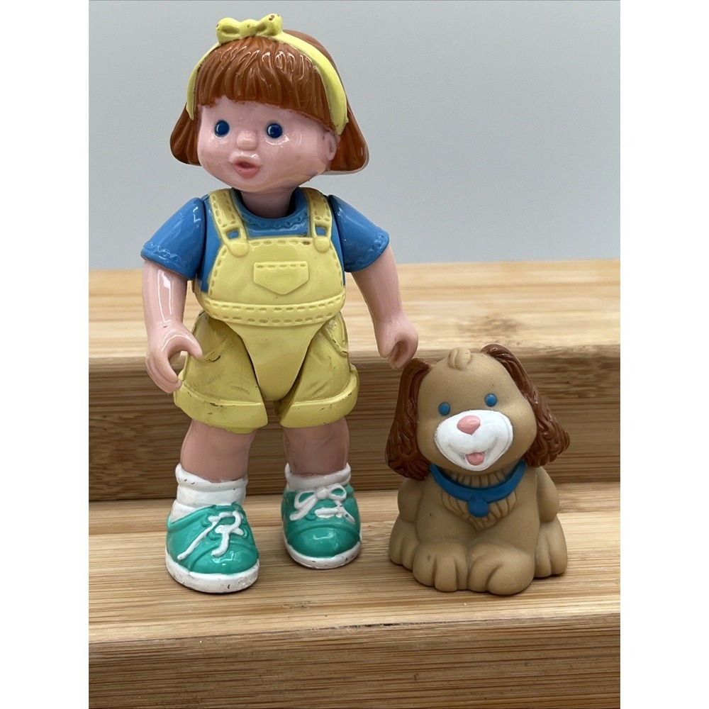 Vintage Fisher Price Loving Family Girl Doll Yellow Overalls w/ Dog Figure 1993